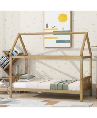  Twin House Bed with Headboard and Footboard, Twin Rubber Wood Bed with House Frame,White OAK