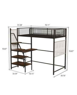 Twin sized loft metal bed with black for bedroom and dormitory, with built-in charging station and LED lighting
