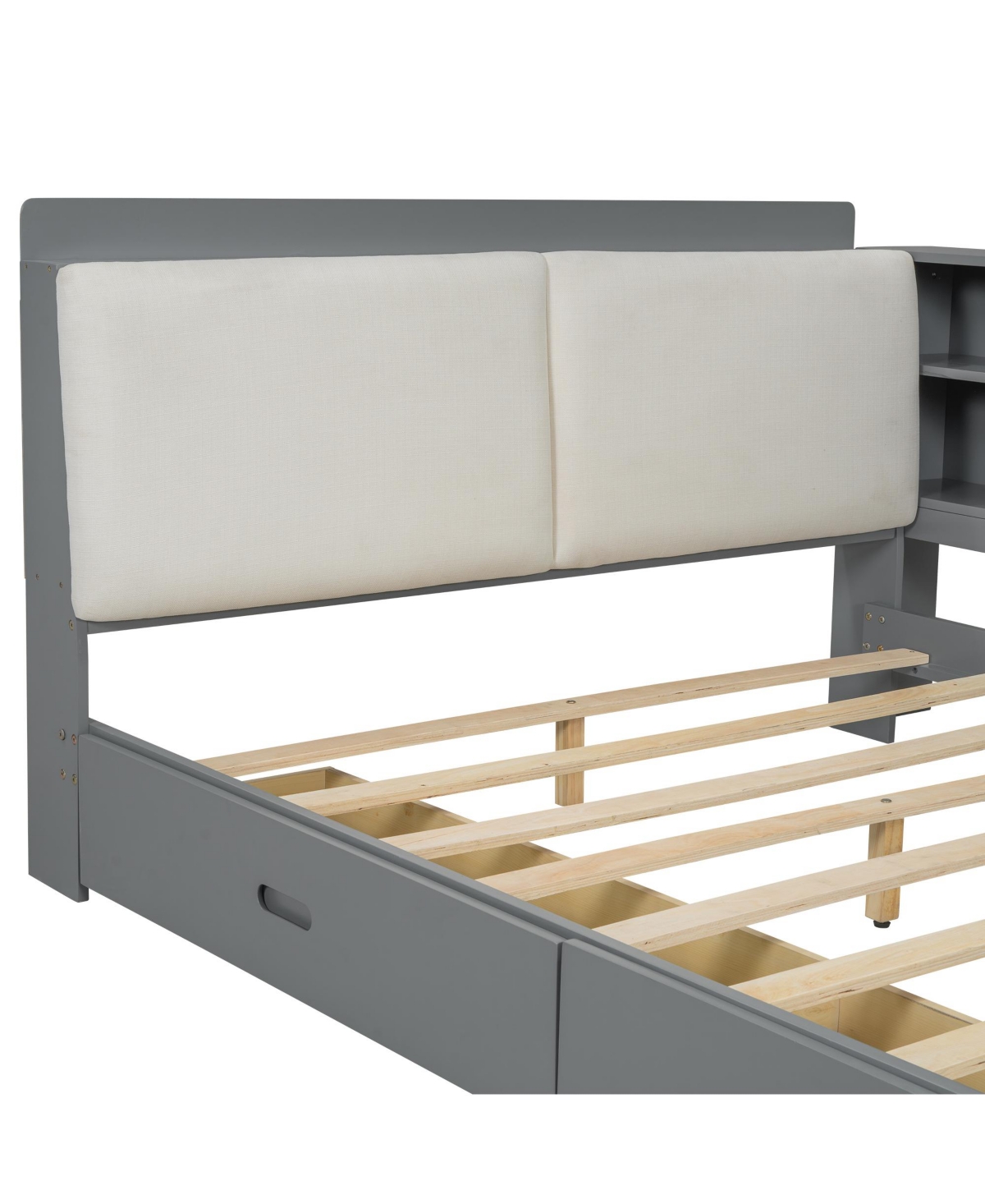 Wood Full Size platform bed with Storage Headboard, Shelves and 2 Drawers, White