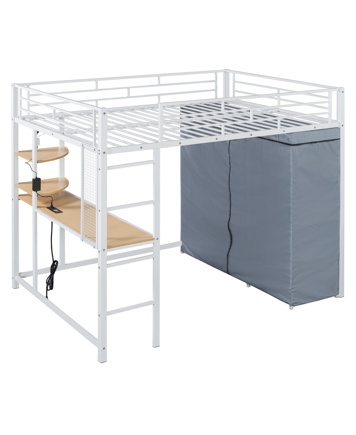 Streamdale Furniture Full Size Loft Metal Bed with Desk,Shelves,Power Outlet,Led Light and Wardrobe