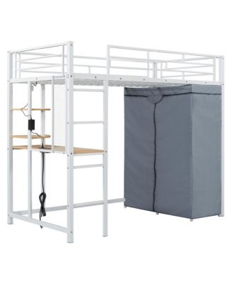 Twin Size Loft Metal Bed with Desk,Shelves,Power Outlet,LED Light and Wardrobe