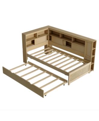 Twin Size Wood Daybed with Storage Shelves, USB and Trundle