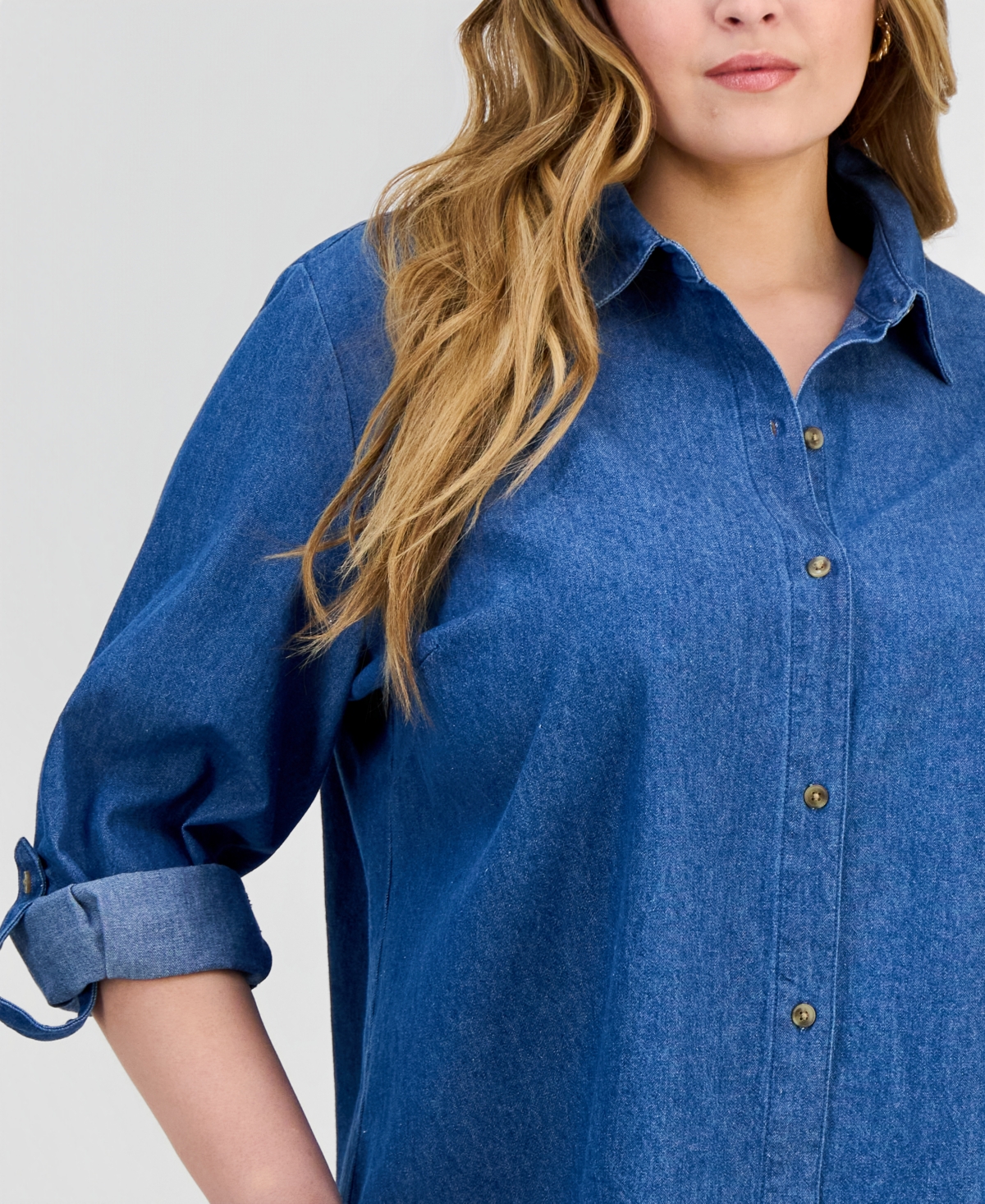 Jones New York Plus Roll-Tab-Sleeve Button-Front Cotton Denim Shirt