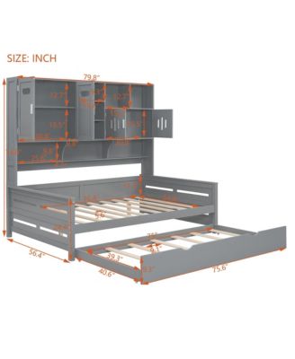 Full Size Wooden Daybed with Twin Size Trundle, and All-in-One Cabinet and Shelf.