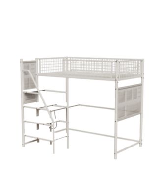 Twin sized loft metal bed with white for bedroom and dormitory, with built-in charging station and LED lighting