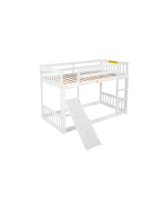 Twin Over Twin Floor Bunk Bed, Playhouse Floor Bunk Bed with Climbing Ramp, Ladder, Safety Guardrails,White