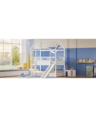 Twin Over Twin Wood Bunk Bed with Convertible Slide, Ladder & Safety Guardrail