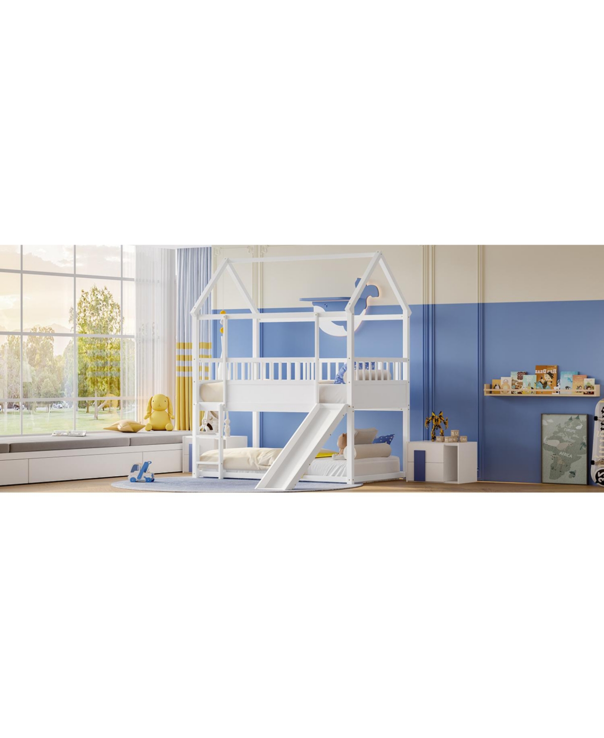 Streamdale Furniture Twin Over Twin Wood Bunk Bed with Convertible Slide, Ladder & Safety Guardrail
