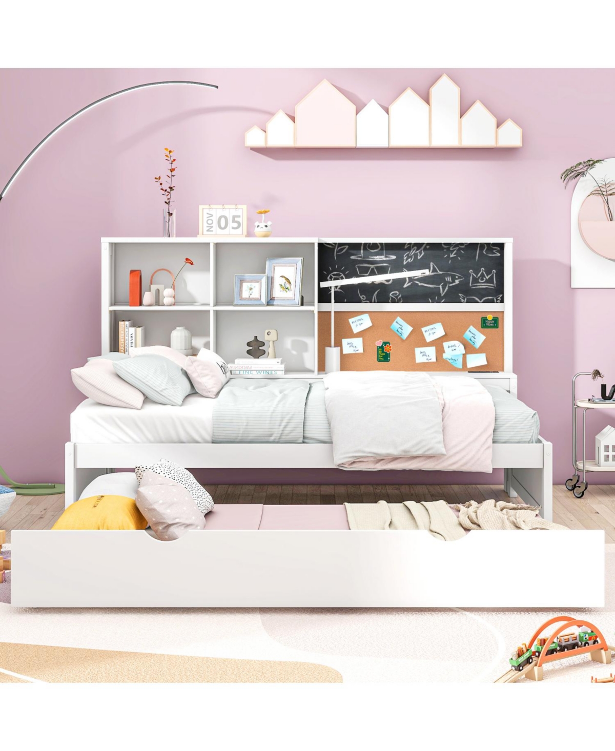 Streamdale Furniture Streamdale Twin Size Daybed with Storage Shelves, Blackboard, Cork board, Usb Ports and Twin Size Trundle