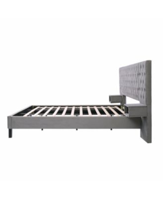 Streamdale Grey Velvet Platform Bed with Headboard, 2 Nightstands & Diamond Tufting
