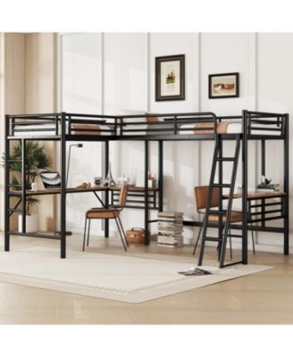 Twin Size Metal Loft Bed with Two Built-in Desks