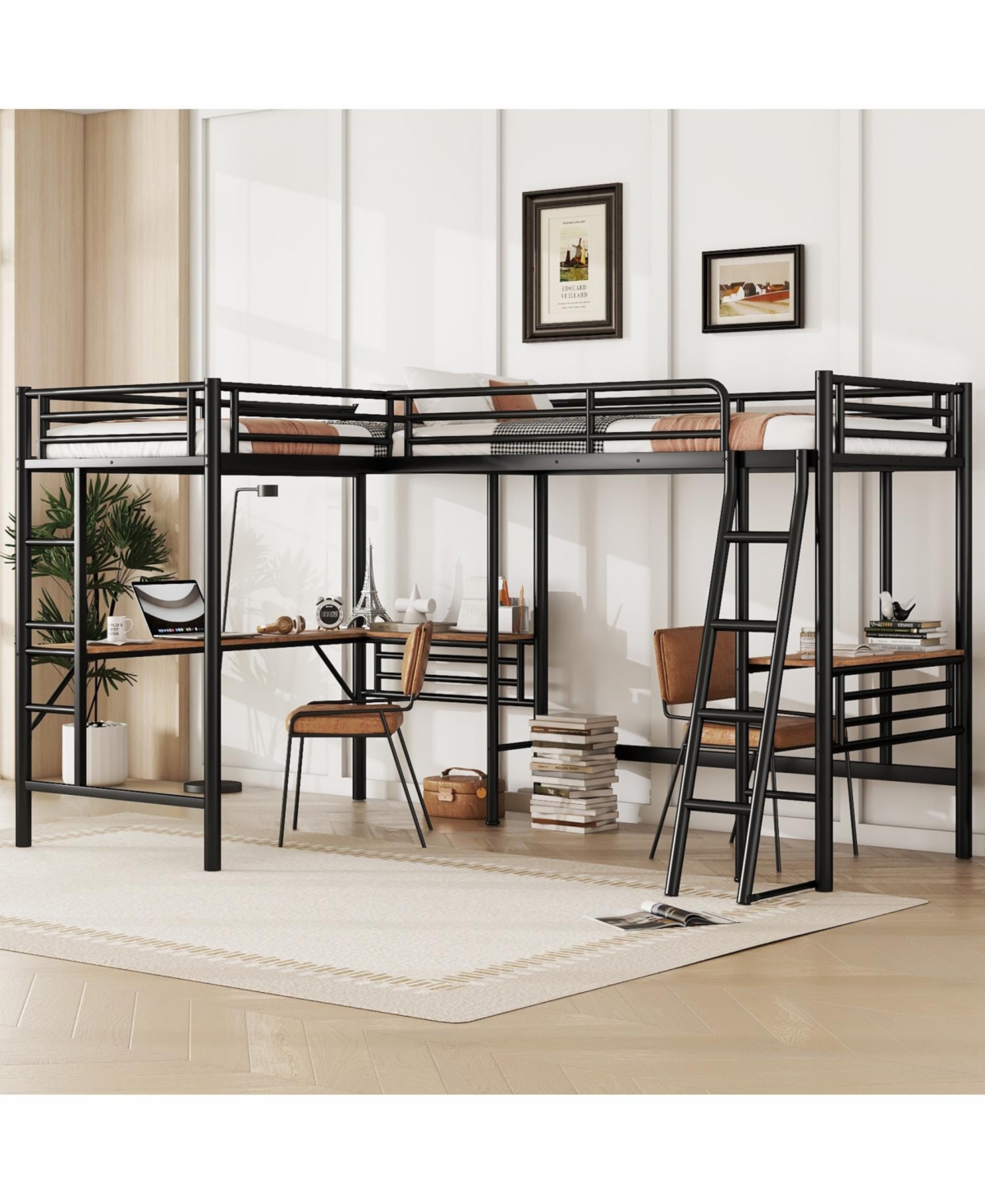 Streamdale Furniture Twin Size Metal Loft Bed with Two Built-in Desks