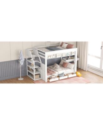 Streamdale Wood Full Size Convertible Bunk Bed with Storage Staircase, Bedside Table, and 3 Drawers, White