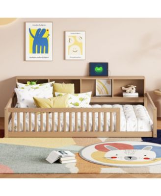  Wood Twin XL Size Floor Bed with Storage Cabinets and USB Ports