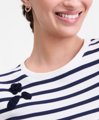 Women's Crochet-Trim Striped T-Shirt