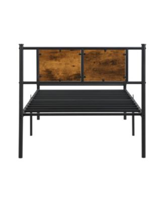 Twin Size metal bedframe, Headboard with wood panel decoration