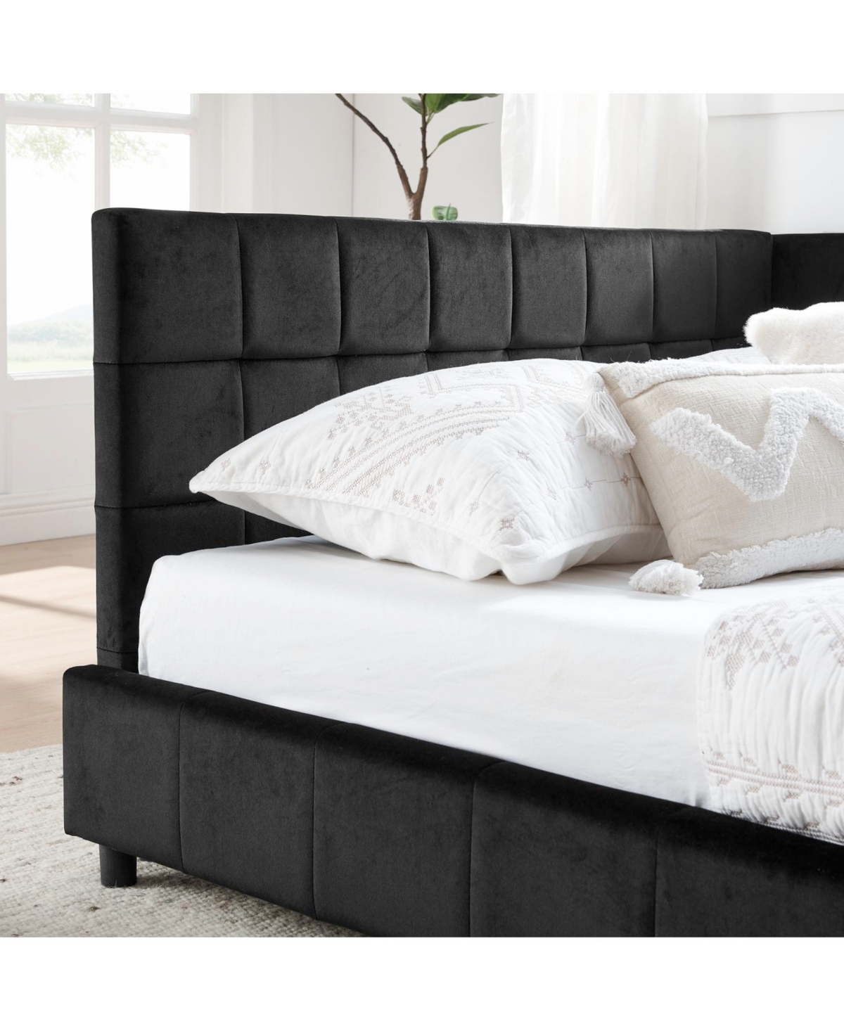 Streamdale Furniture Queen Upholstered Bed Frame with Backrest and Armrests, Velvet, Black (85.5"x64.5"x30.5")