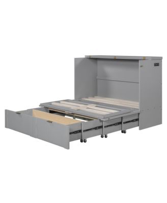  Full Size Murphy Bed with drawer and a set of Sockets & USB Ports, Pulley Structure Design, White