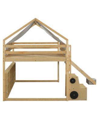 Wooden Loft Bed House-shaped Frame with a Tent