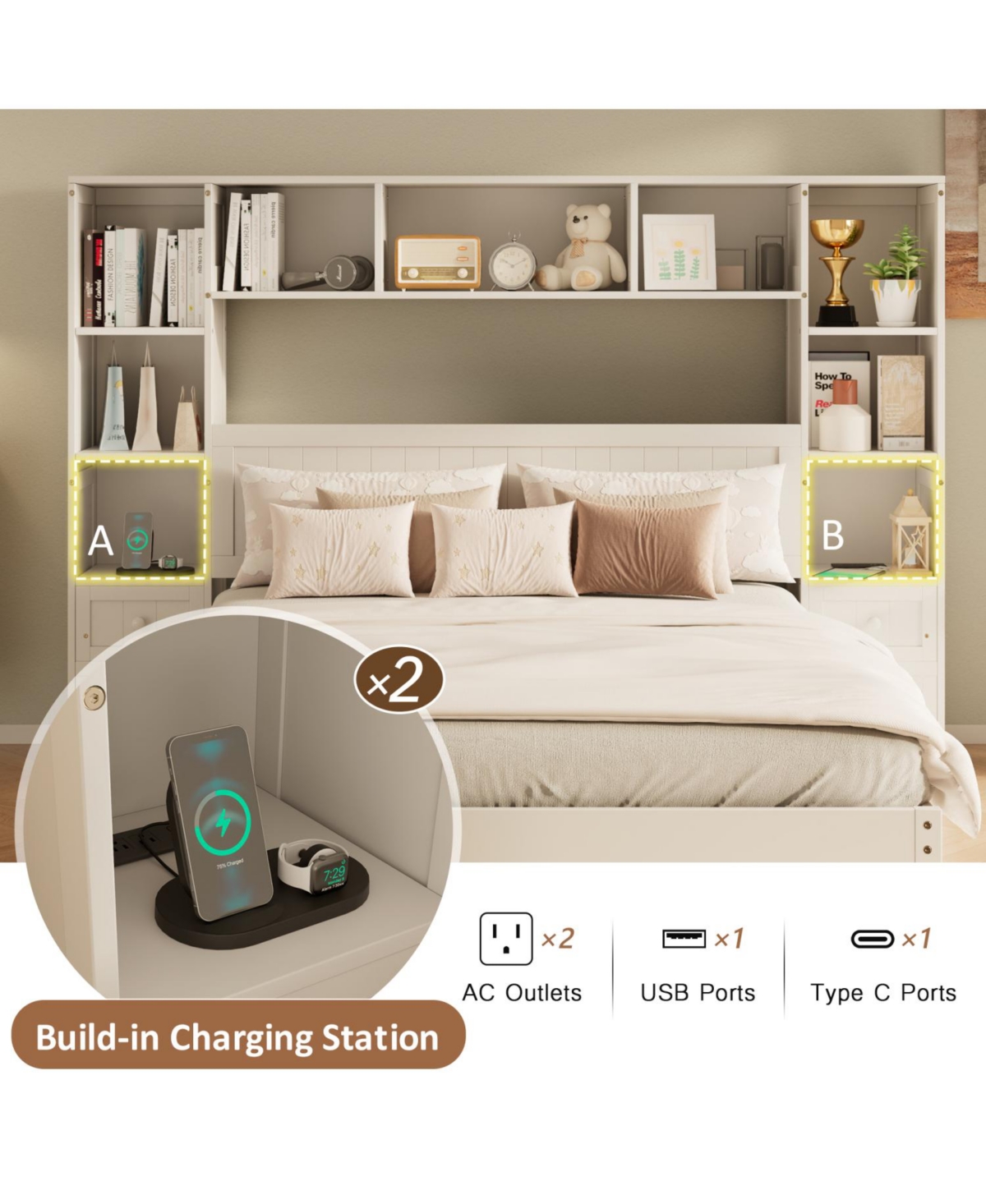 Streamdale Furniture Pine Platform Bed with Storage & Charging