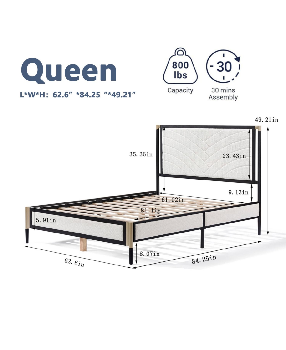 Streamdale Furniture Queen Bed with Boucle fabric Headboard Frame