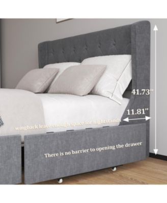 Dark Grey Button Tufted Wingback Bed Frame with 4 Drawers