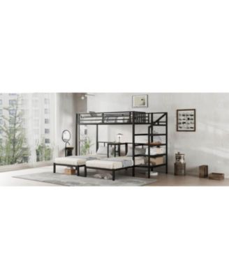 Triple Twin Bunk Bed with Desk & Shelves