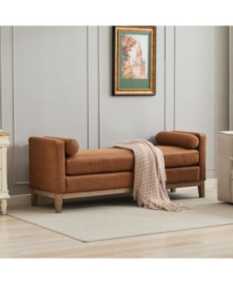 Upholstered Bench/Daybed Ottoman with Wood Legs & Bolsters - Brown PU