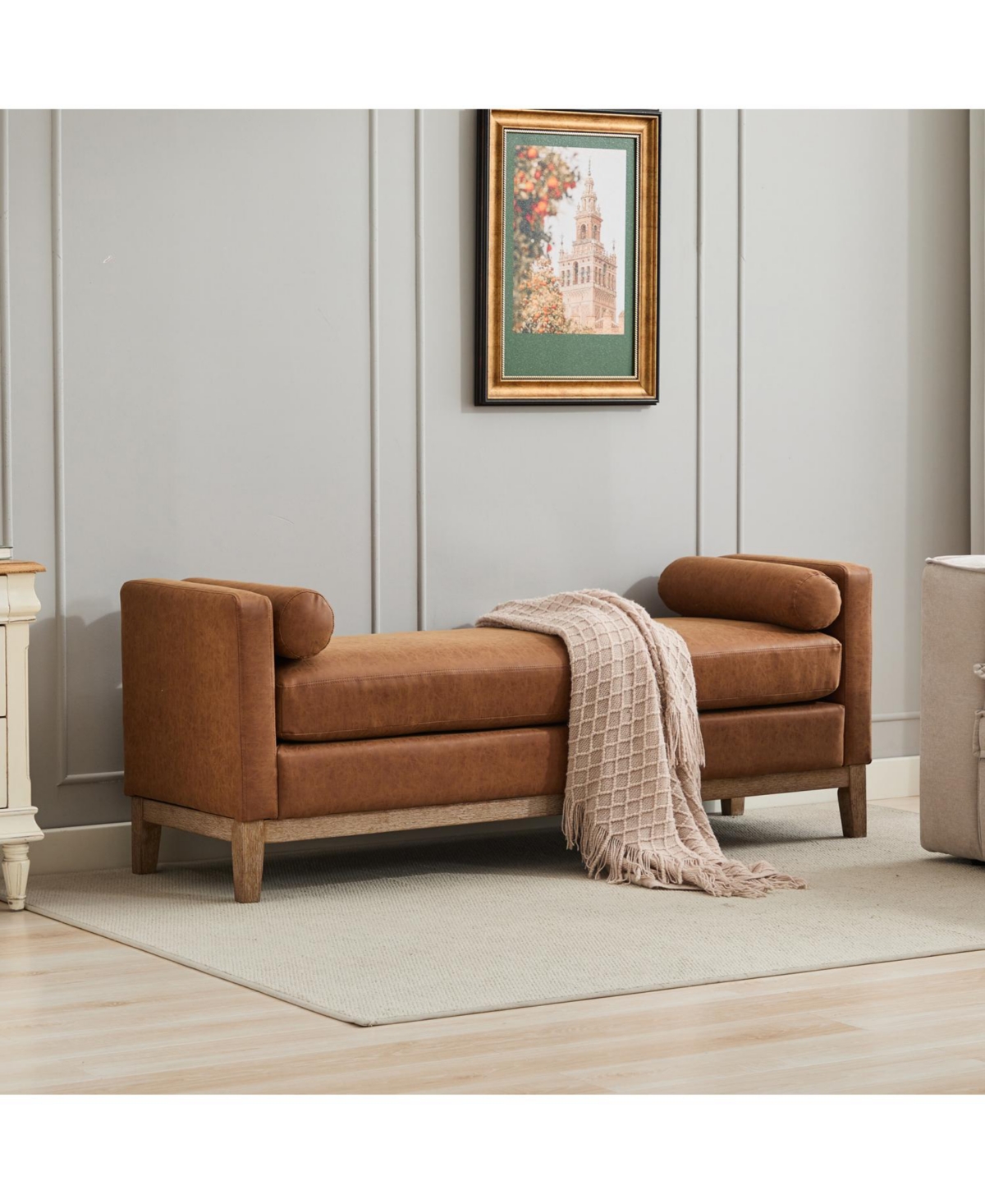 Streamdale Furniture Upholstered Bench/Daybed Ottoman with Wood Legs & Bolsters - Brown Pu