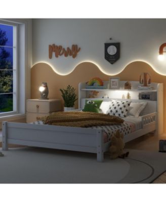 Pine Wood Bed with Bookcase Headboard LED & Guardrails White
