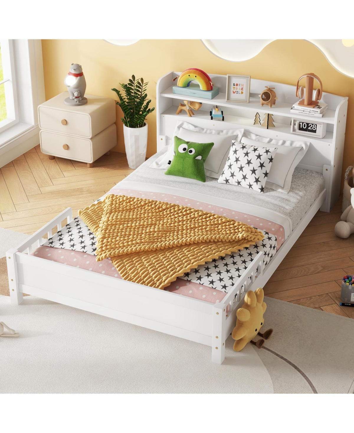 Streamdale Furniture Pine Wood Bed with Bookcase Headboard Led & Guardrails White