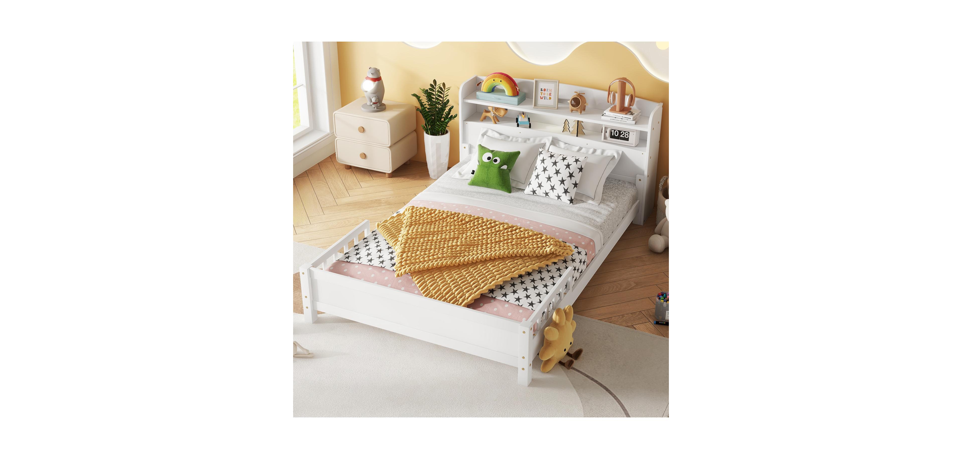 Streamdale Furniture Pine Wood Bed with Bookcase Headboard Led & Guardrails White