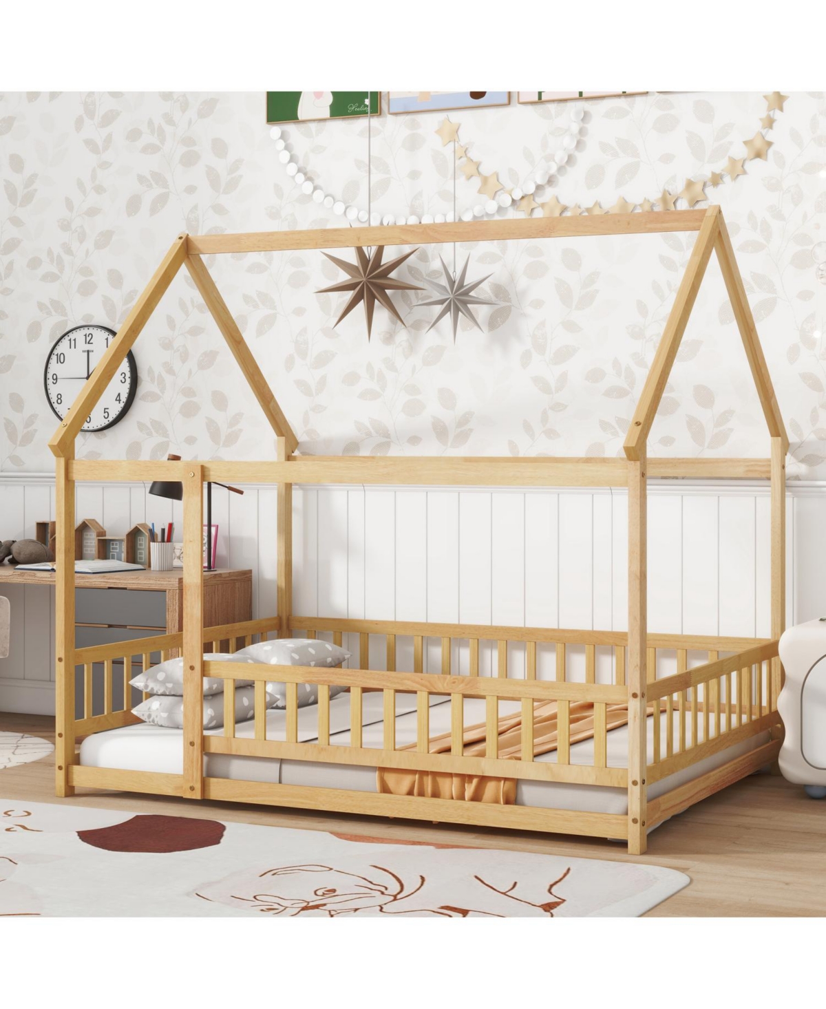 Streamdale Furniture Full Size House Floor Wooden Bed with Roof Frame Safety Guardrails Natural