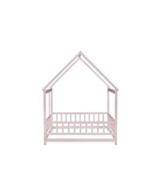 Full Size House Floor Wooden Bed with Roof Frame Safety Guardrails