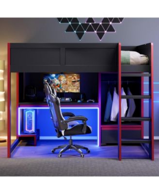 Gaming Loft Bed with Desk, Wardrobe & LED