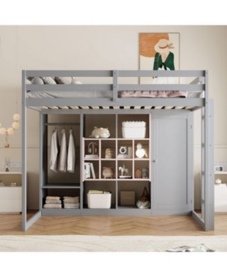 Full Size Wood Loft Bed with Wardrobe, shelves and Cabinet, Gray+Pink