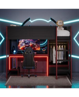 Black Twin Gaming Loft Bed w/ Desk, Wardrobe & LED