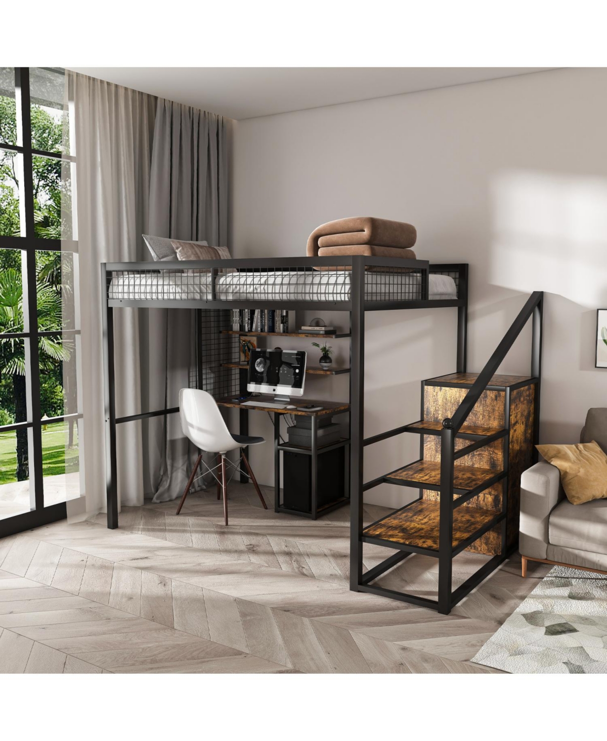 Streamdale Furniture Loft Bed w/Desk & Wardrobe - Metal Frame, Stairs, Storage