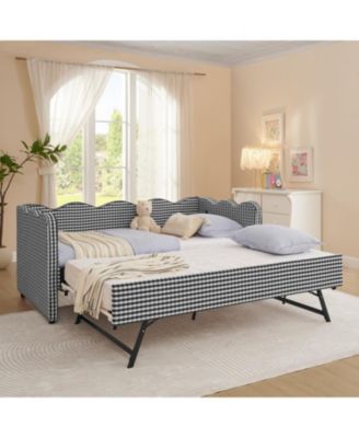 Gingham Daybed with Trundle, USB Port, Linen Fabric