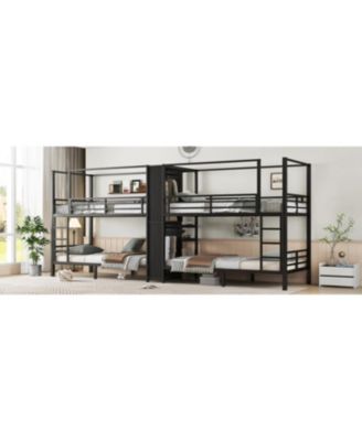 Twin Quad Metal Bunk Bed w/ Storage & Wardrobe - Black