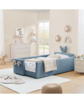 Twin Upholstered Bed- Rabbit Ears, Rail & Pocket, Boucle, Sky Blue