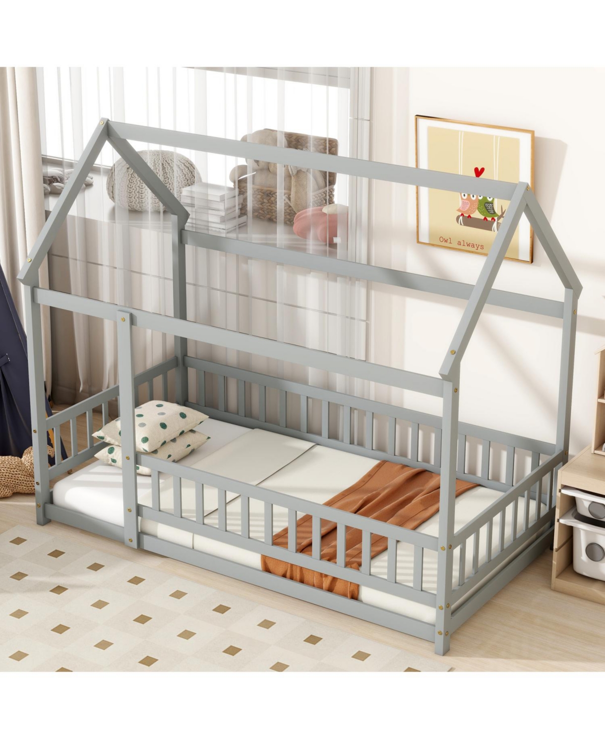 Streamdale Twin Size House Floor Wooden Bed with Roof Frame, Safety Guardrails, Grey