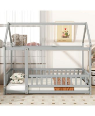Streamdale Twin Size House Floor Wooden Bed with Roof Frame, Safety Guardrails, Grey