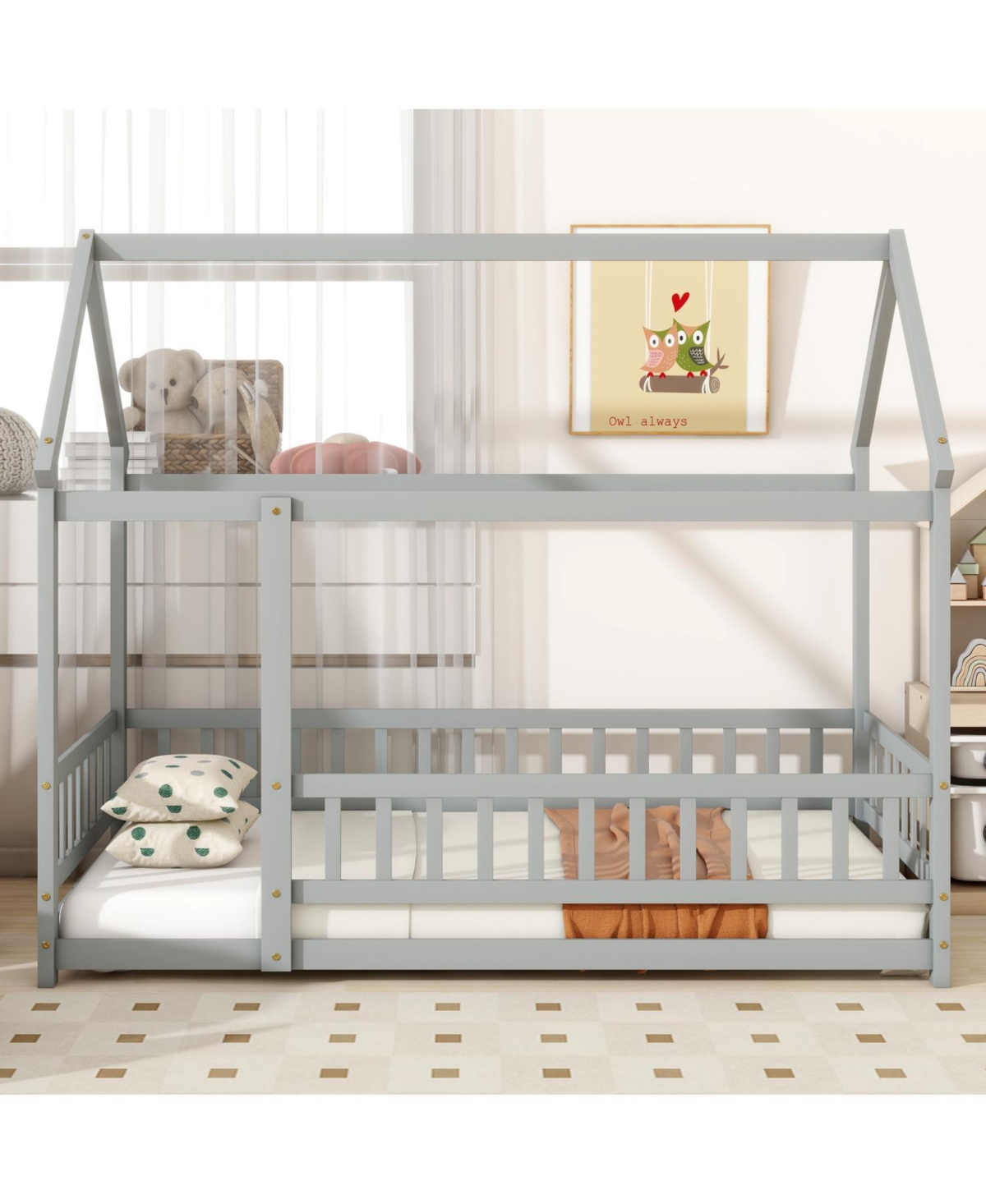 Streamdale Twin Size House Floor Wooden Bed with Roof Frame, Safety Guardrails, Grey