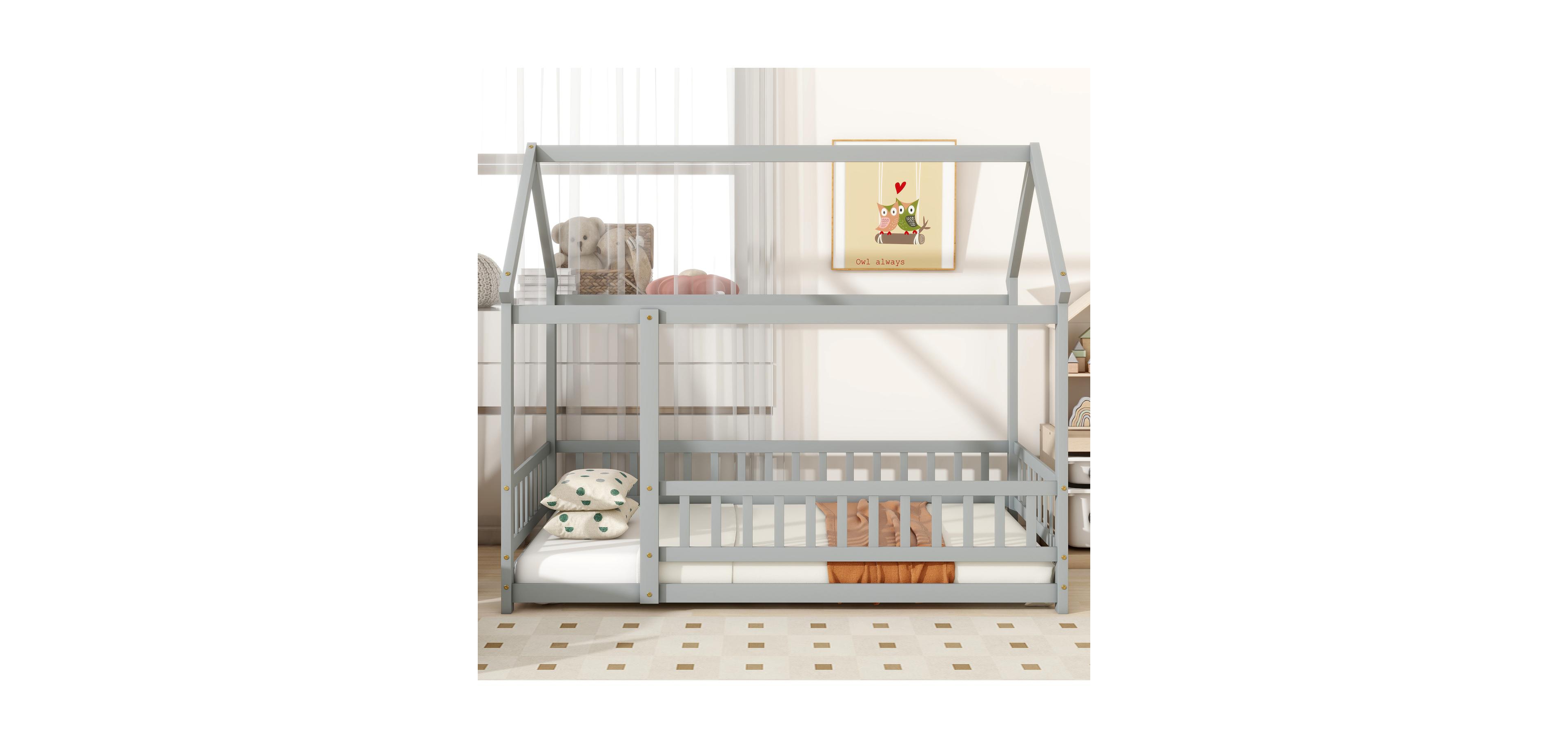 Streamdale Twin Size House Floor Wooden Bed with Roof Frame, Safety Guardrails, Grey