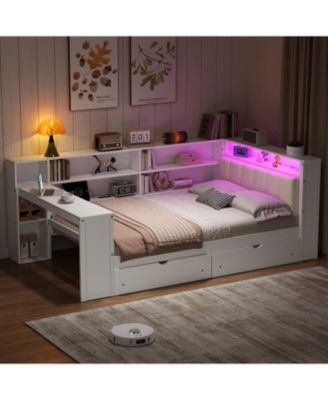Streamdale Full Platform Bed- Storage, Charging, LED, Desk, Upholstered Headboard