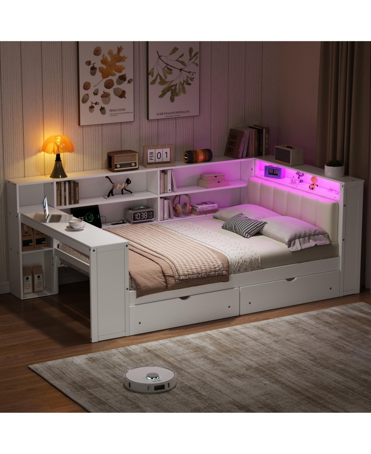 Streamdale Furniture Streamdale Full Platform Bed- Storage, Charging, Led, Desk, Upholstered Headboard