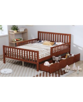 Walnut Wood Platform Bed with Guardrails & Storage