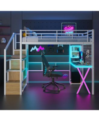 Metal Loft Bed with Work Station, Wardrobe & Storage Staircase, White