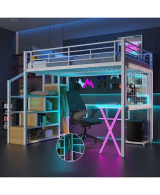 Metal Loft Bed with Work Station, Wardrobe & Storage Staircase, White